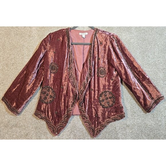 Boston Proper Gypsy Boho Beaded Mauve Velour Jacket Short 3/4 Sleeve Women's XS - Picture 1 of 13